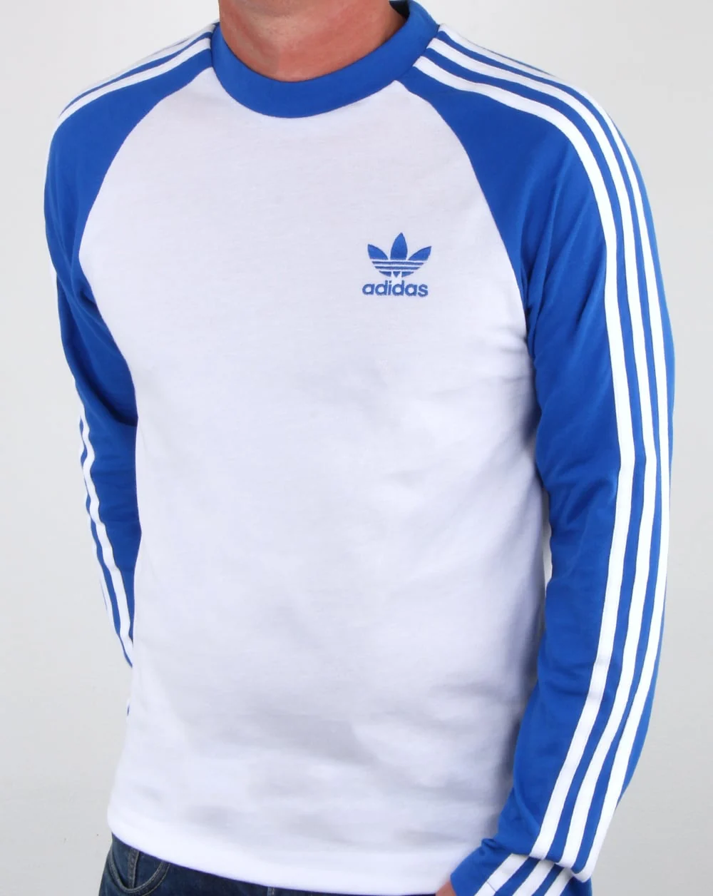 Adidas Originals Long Sleeve 3 Stripes T Shirt White/Blue