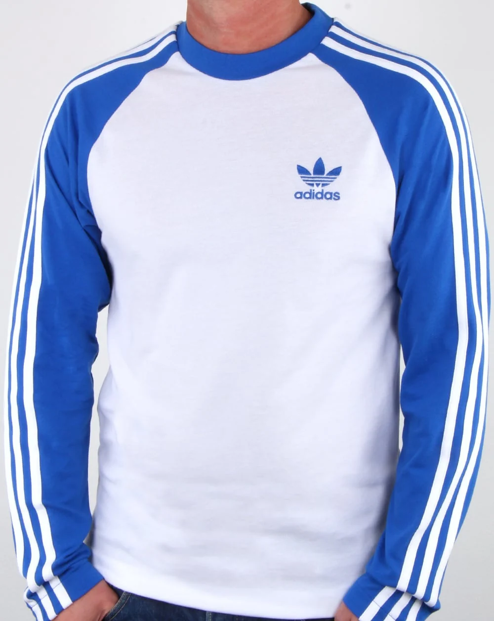 Adidas Originals Long Sleeve 3 Stripes T Shirt White/Blue - Image 2