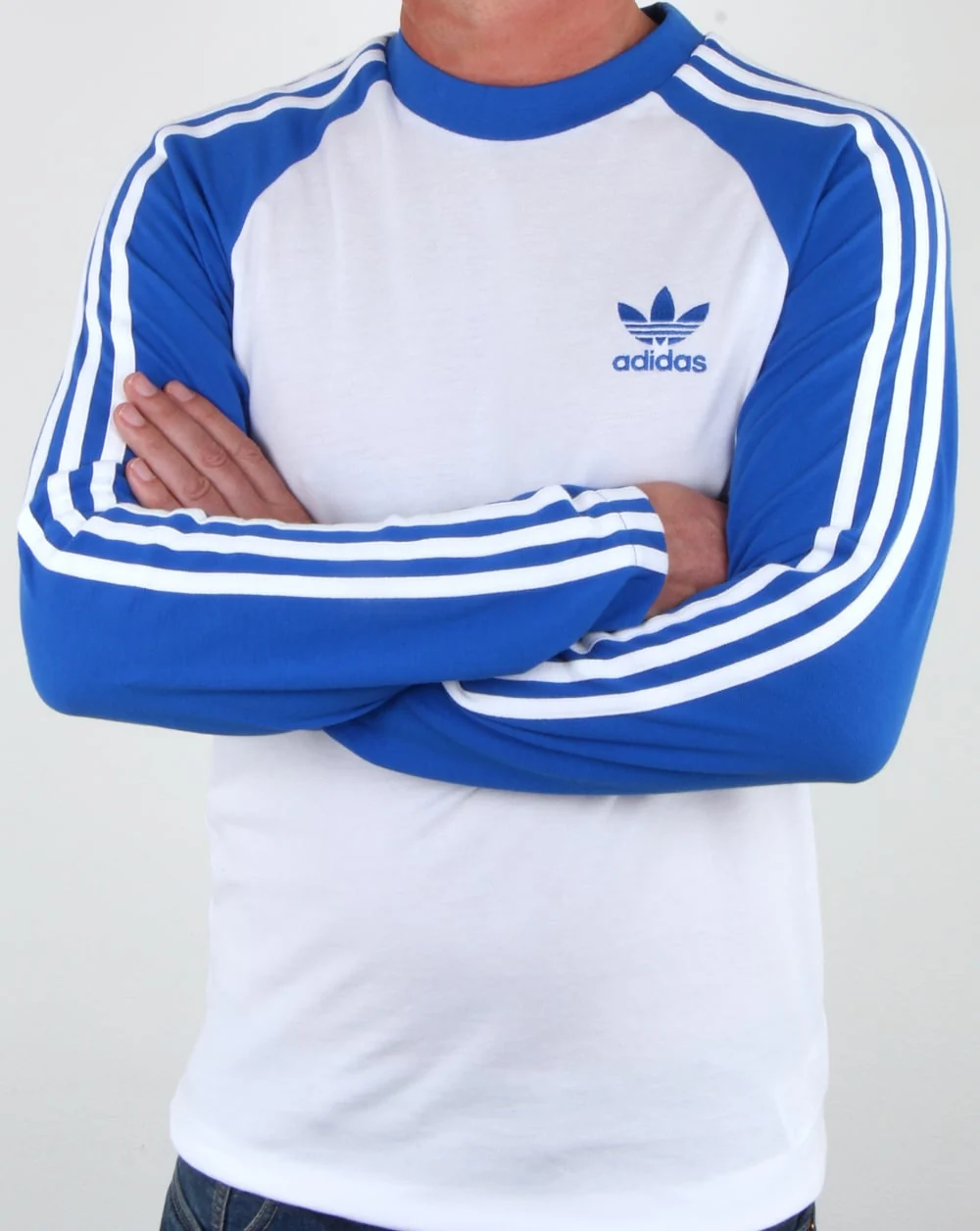 Adidas Originals Long Sleeve 3 Stripes T Shirt White/Blue - Image 3
