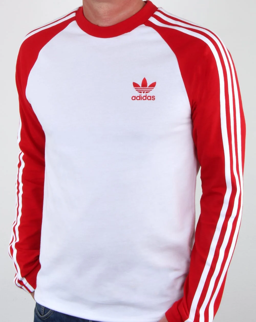 Adidas Originals Long Sleeve 3 Stripes T Shirt White/Red - Image 4