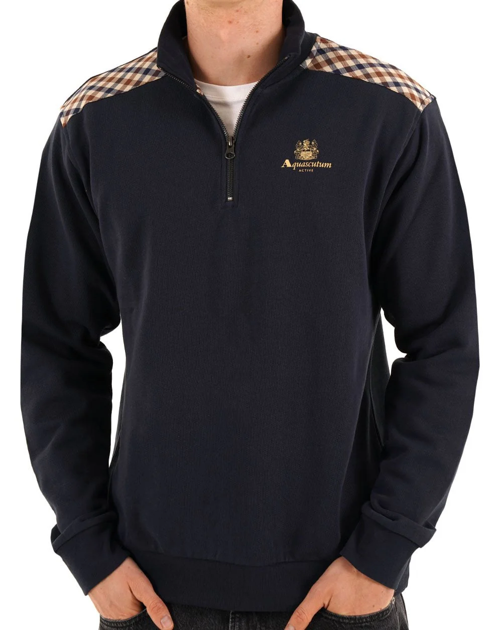 Aquascutum Check Shoulder Quarter Zip Navy - Image 3