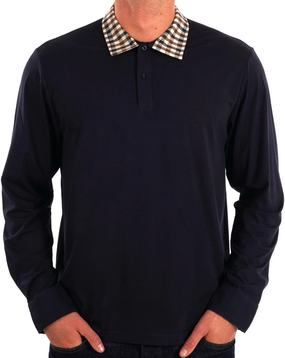 Aquascutum Club Check Collar LS Polo Navy