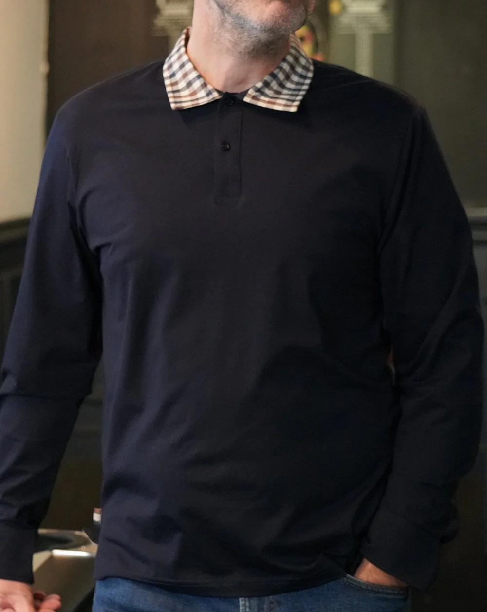 Aquascutum Club Check Collar LS Polo Navy - Image 2