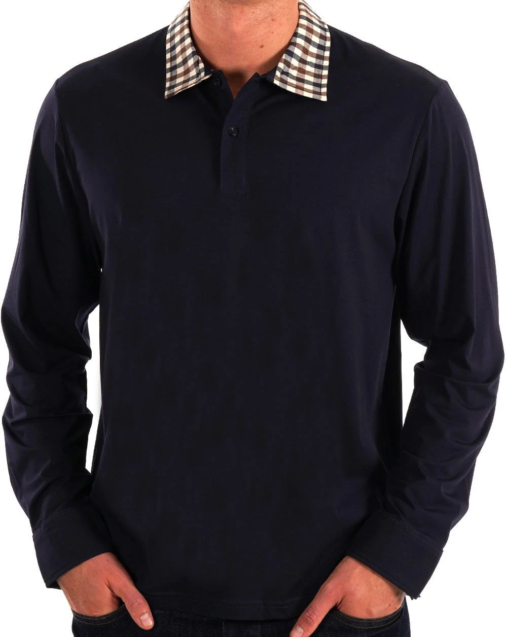 Aquascutum Club Check Collar LS Polo Navy - Image 4