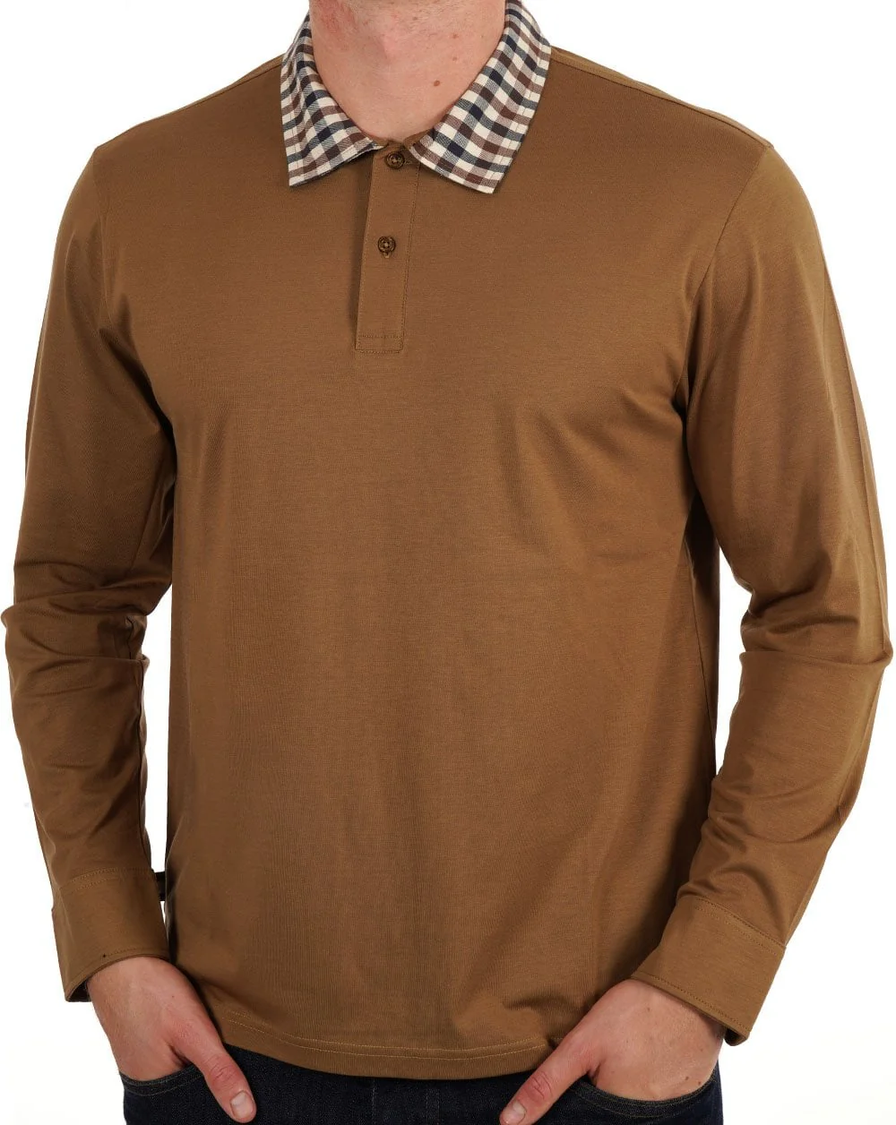 Aquascutum Club Check Collar LS Polo Toffee