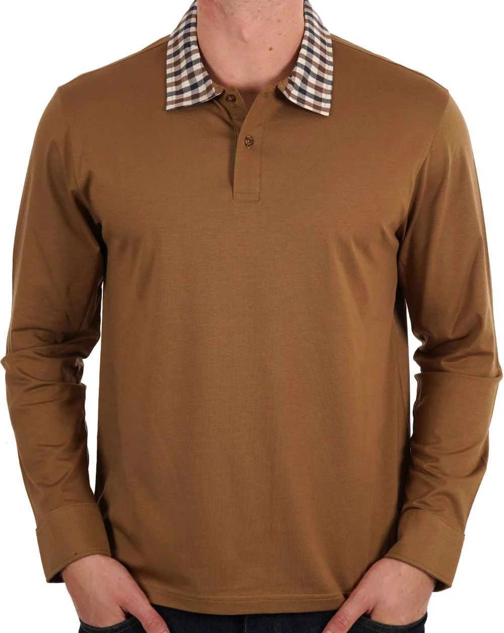 Aquascutum Club Check Collar LS Polo Toffee - Image 3