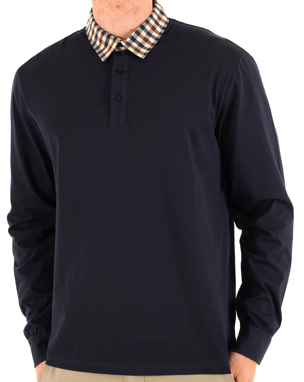 Aquascutum Club Check Long Sleeve Polo Navy - Image 2