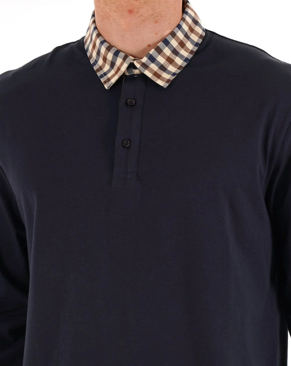 Aquascutum Club Check Long Sleeve Polo Navy - Image 3