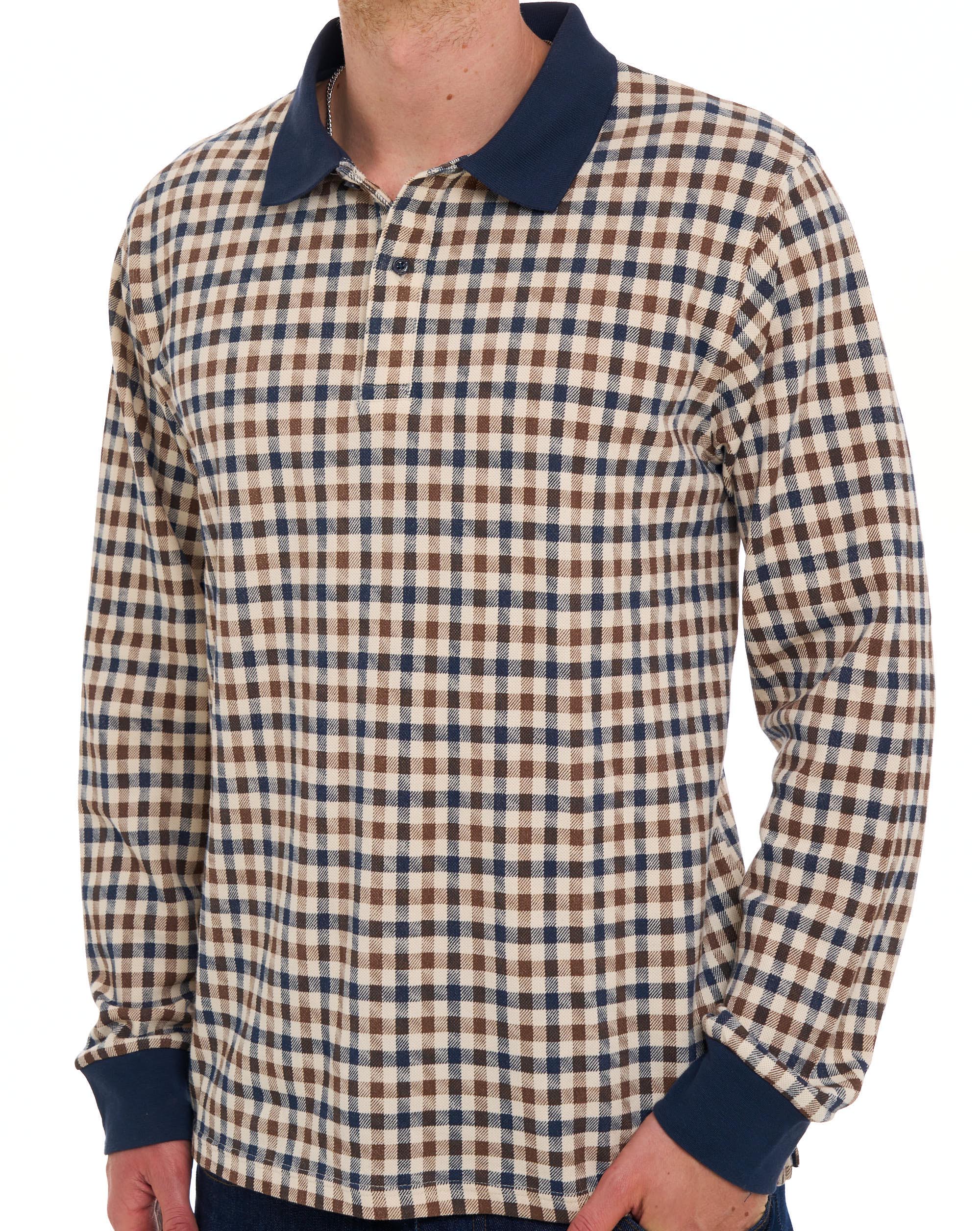 Aquascutum Iconic Club Check LS Polo Navy - Image 3