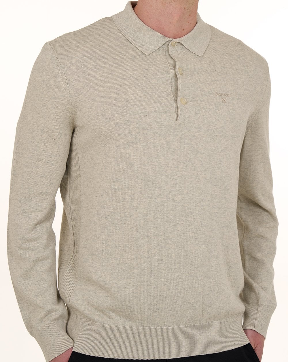 Barbour Pima Cotton Knit LS Polo Shirt Neutral - Image 3