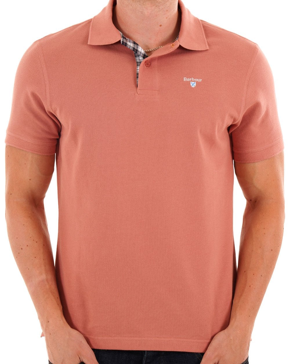 Barbour Tartan Pique Polo Shirt Earth Pink - Image 3