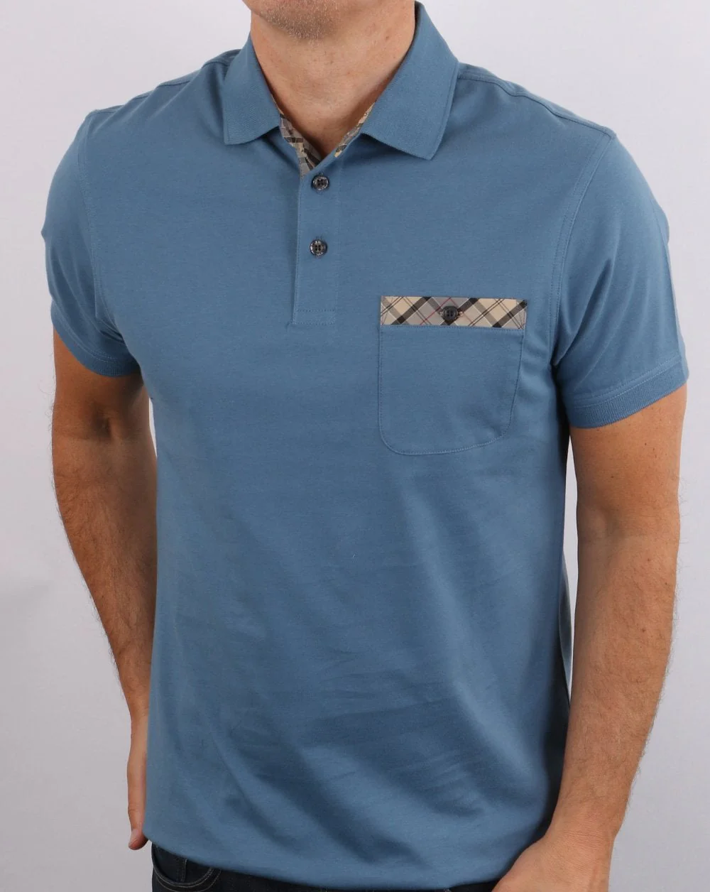 Barbour Tartan Pocket Polo Shirt Blue - Image 3