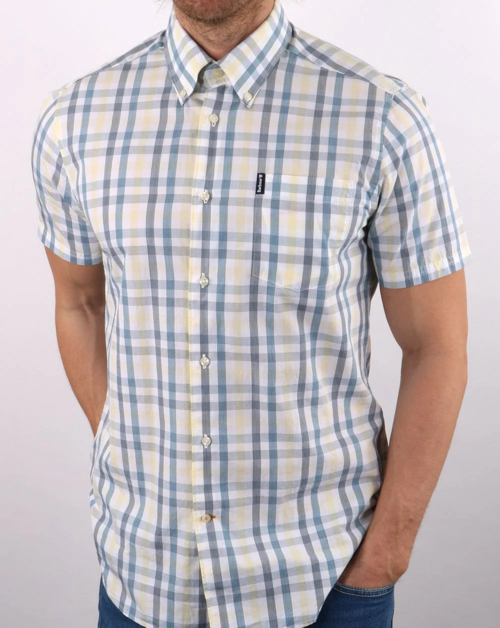 Barbour Tattersall Short Sleeve Shirt Aqua Blue - Image 3