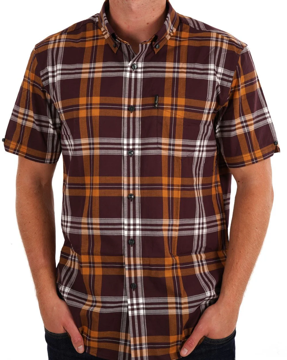 Ben Sherman Block Check Short Sleeve Shirt Wine - Image 2