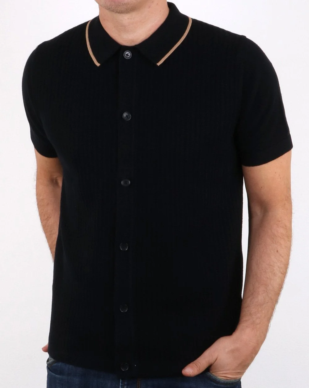 Ben Sherman Full Button Knitted Polo Black - Image 2