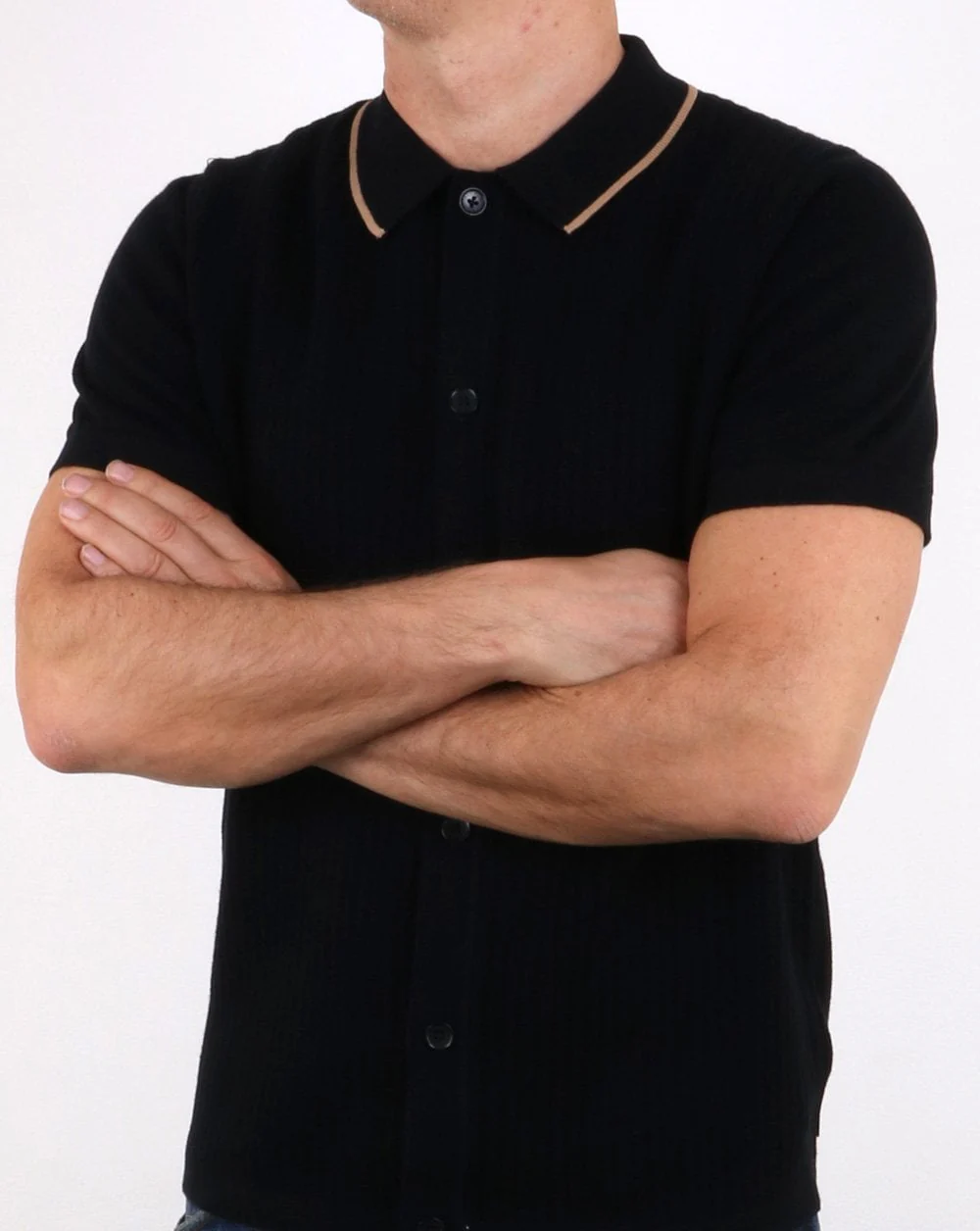 Ben Sherman Full Button Knitted Polo Black - Image 4