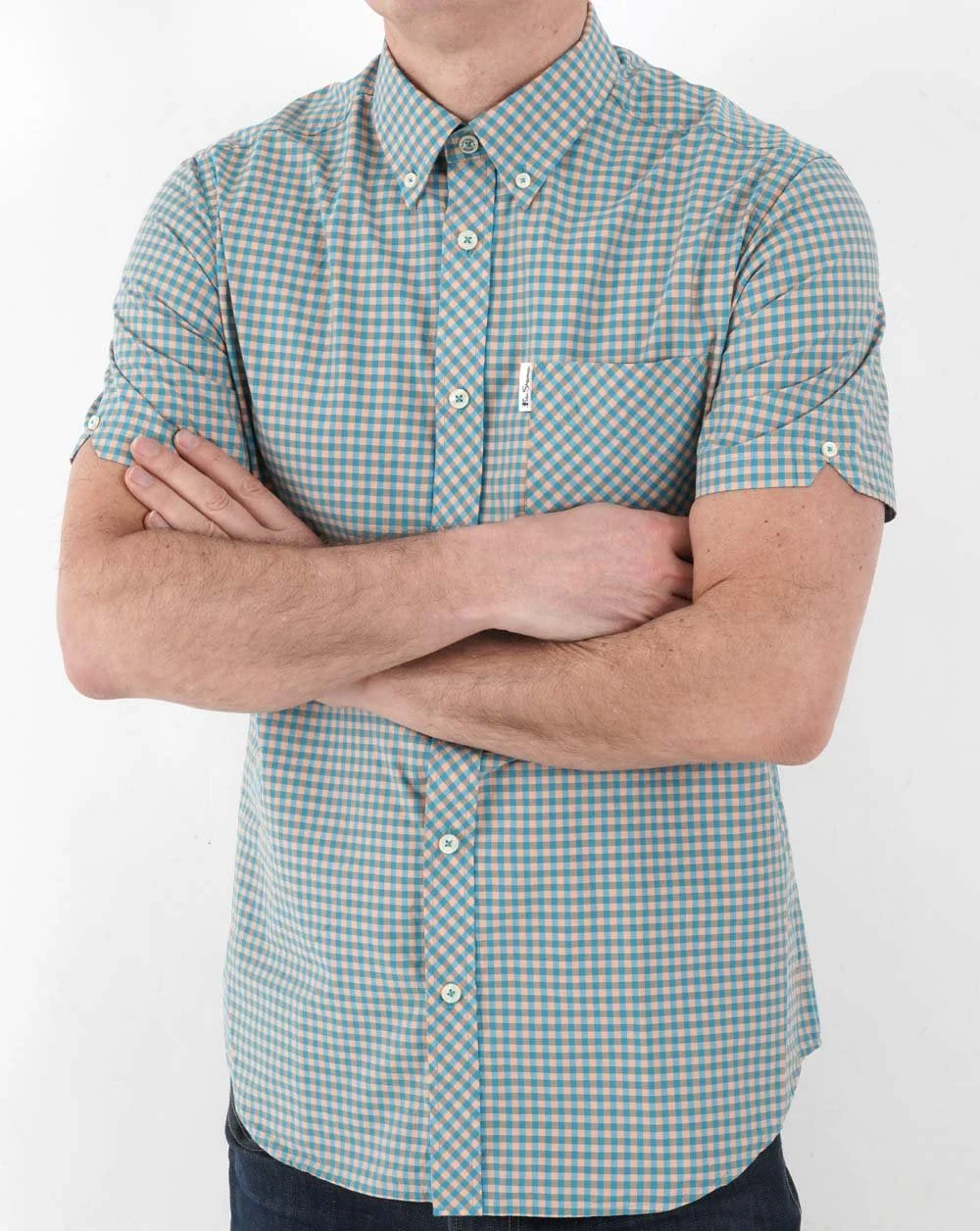 Ben Sherman Gingham Short Sleeve Shirt Green/Orange - Image 3