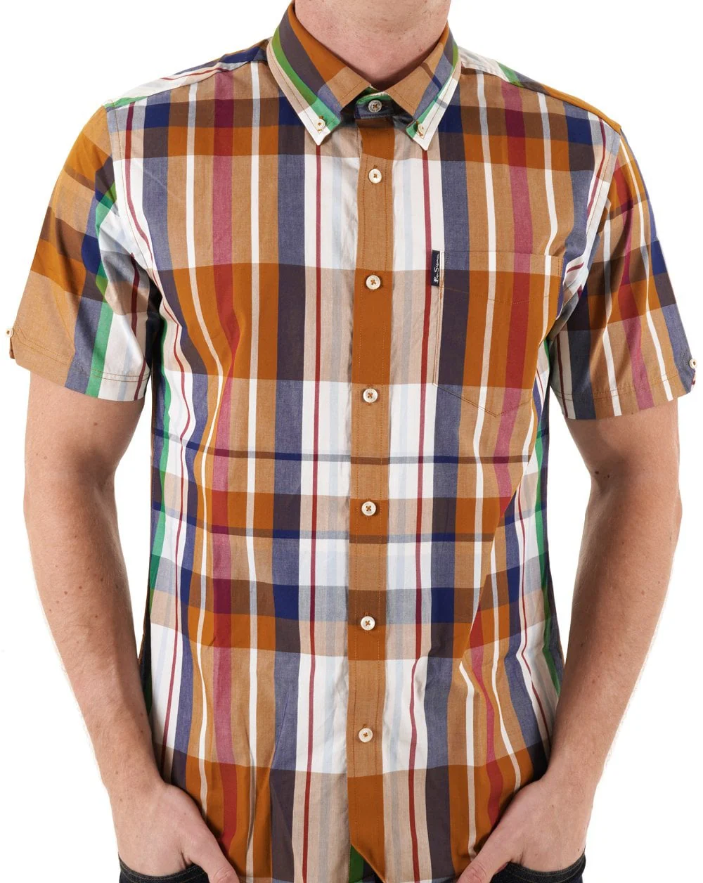 Ben Sherman Large Madras Check Short Sleeve Shirt Caramel