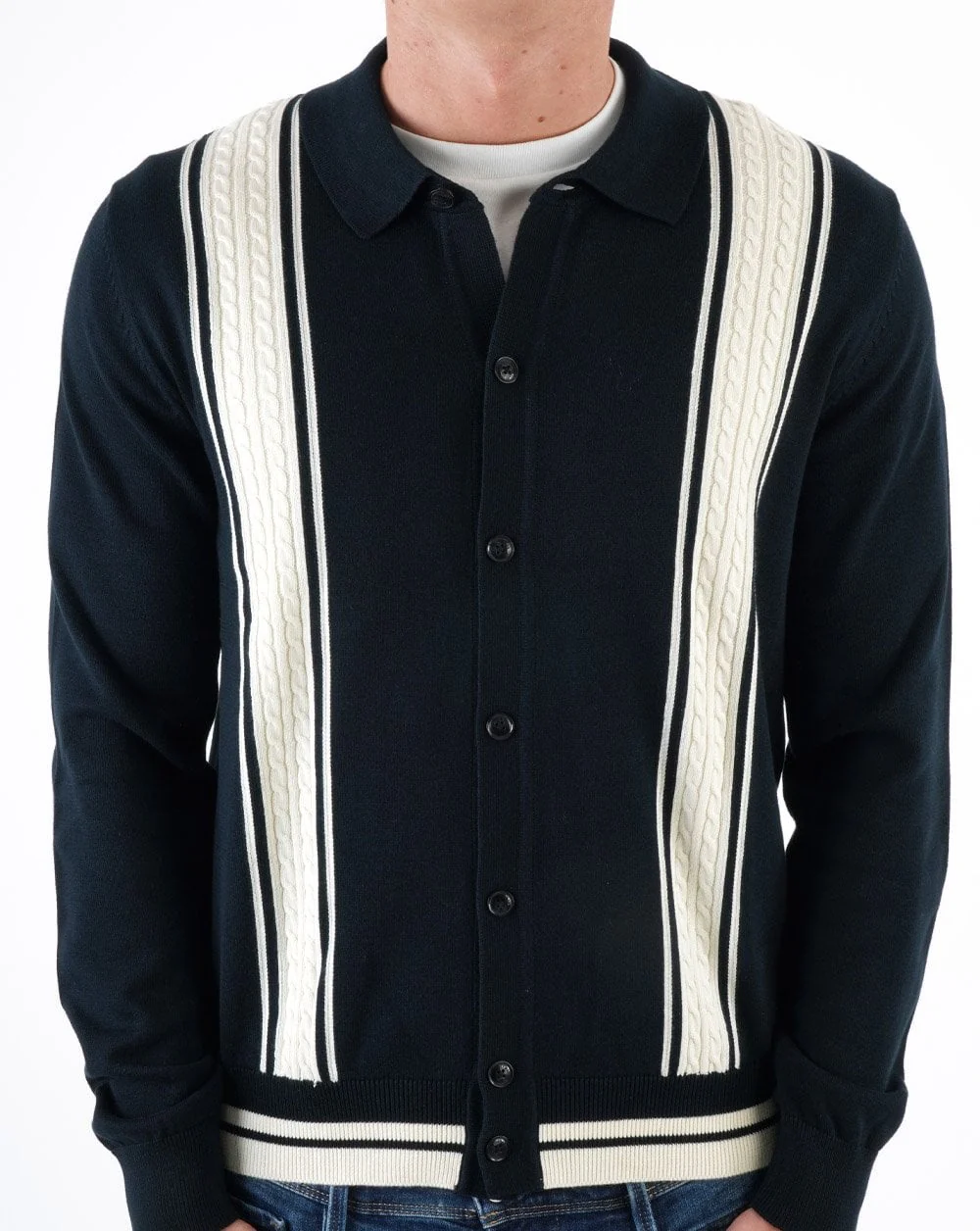 Ben Sherman Long Sleeve Cable Knit Polo Black - Image 3