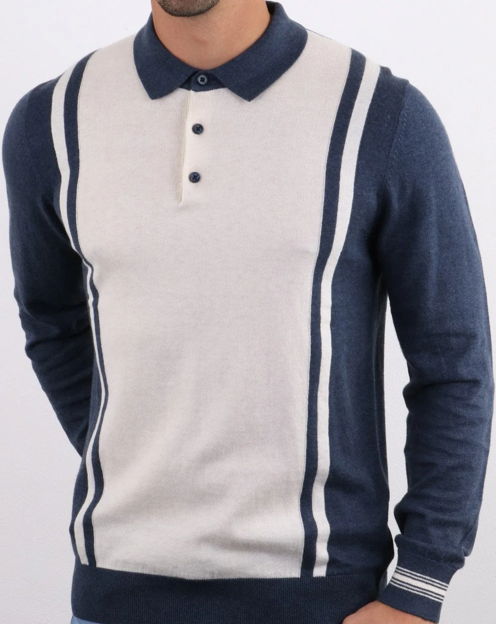 Ben Sherman Long Sleeve Stripe Knit Polo Dark Blue - Image 3