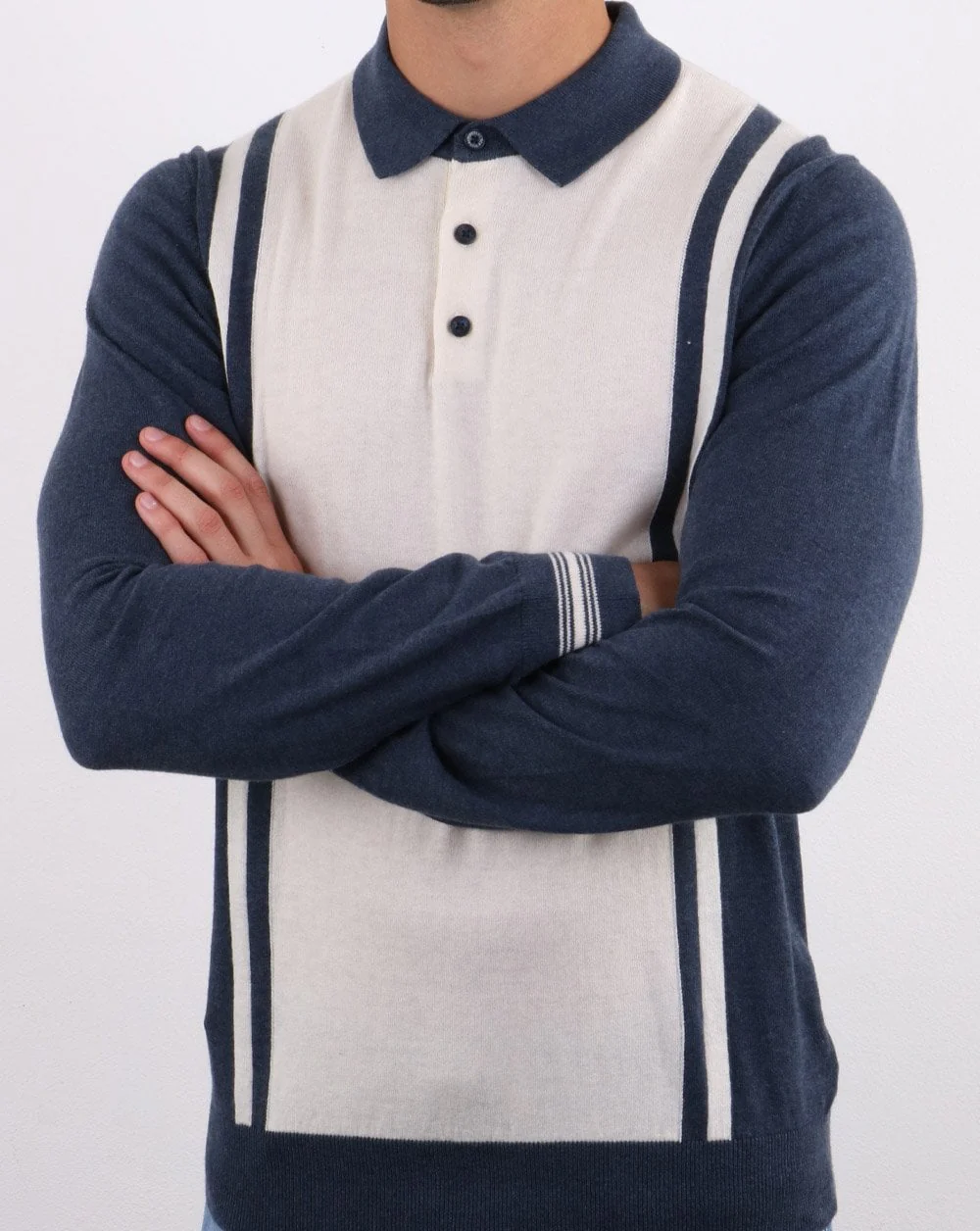 Ben Sherman Long Sleeve Stripe Knit Polo Dark Blue - Image 4
