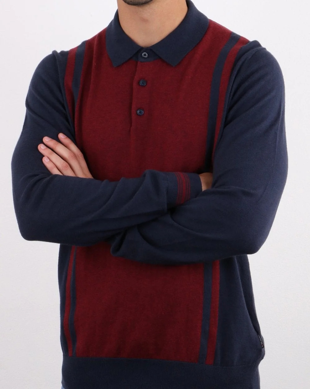 Ben Sherman Long Sleeve Stripe Knit Polo Dark Navy - Image 4