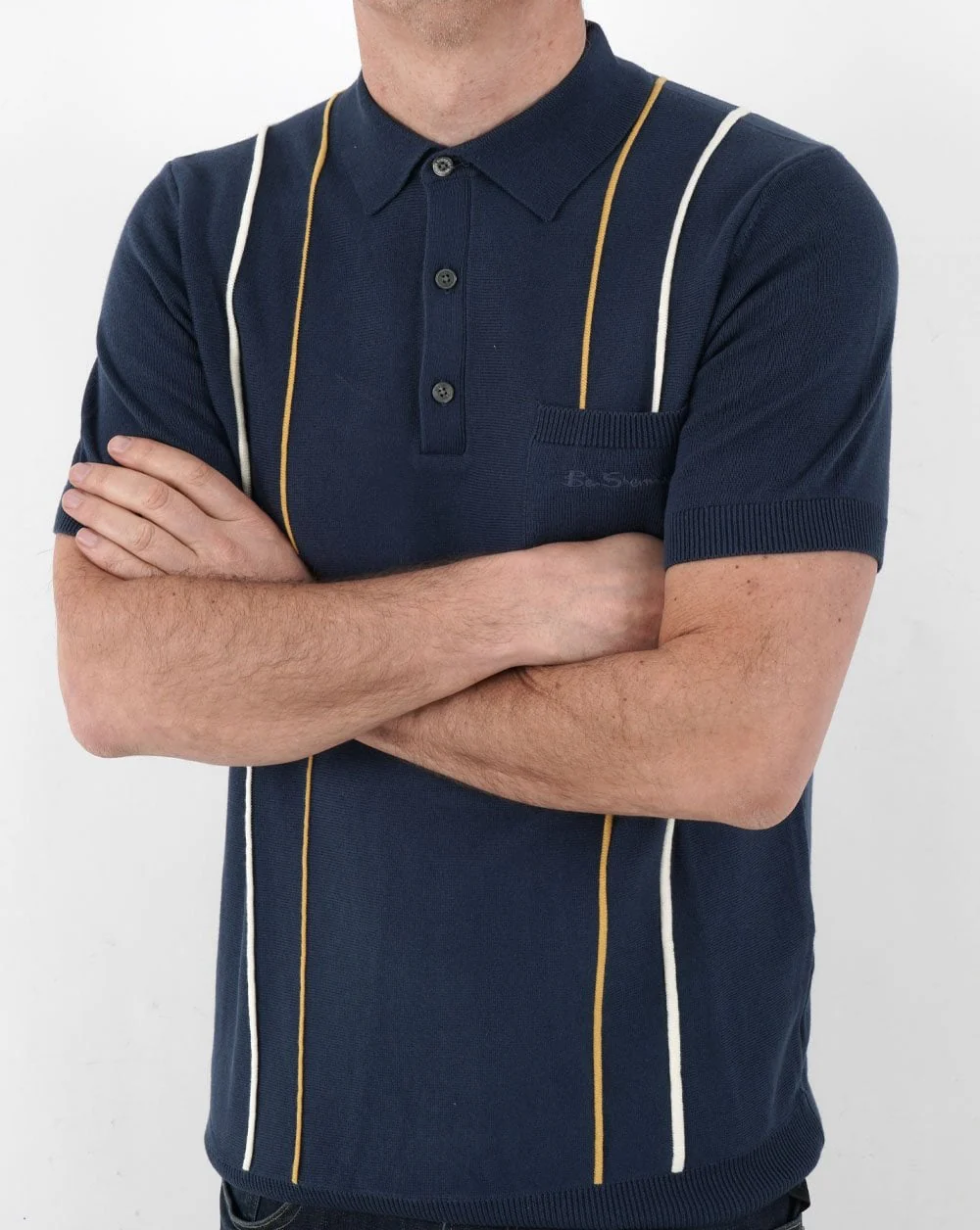 Ben Sherman Minimal Mod Stripe Knit Polo Shirt Blue - Image 3