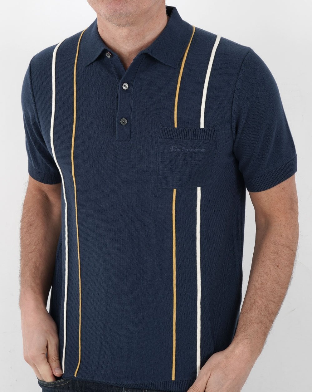 Ben Sherman Minimal Mod Stripe Knit Polo Shirt Blue - Image 4