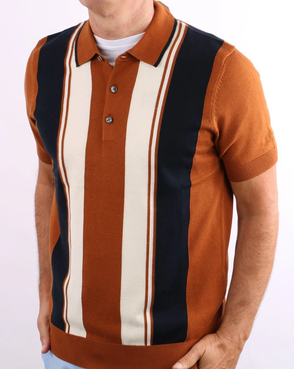 Ben Sherman Mod Stripe Knit Polo Shirt Caramel - Image 3
