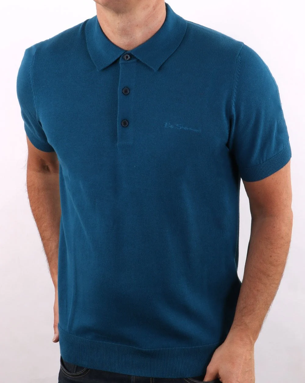 Ben Sherman Short Sleeve Knitted Polo Petrol Blue - Image 3