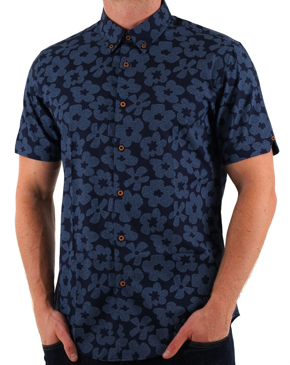Ben Sherman Stipple Floral Print SS Shirt Dark Navy
