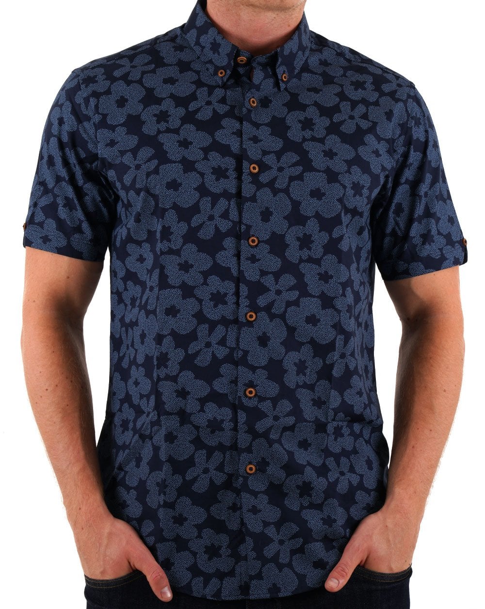 Ben Sherman Stipple Floral Print SS Shirt Dark Navy - Image 3