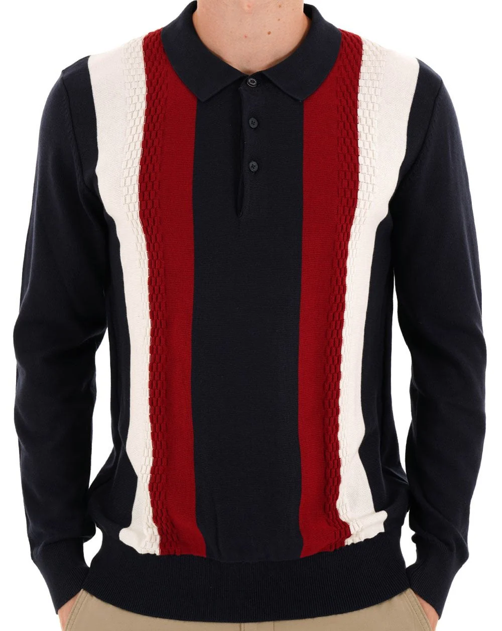 Ben Sherman Vertical Stripe LS Knit Polo Dark Navy