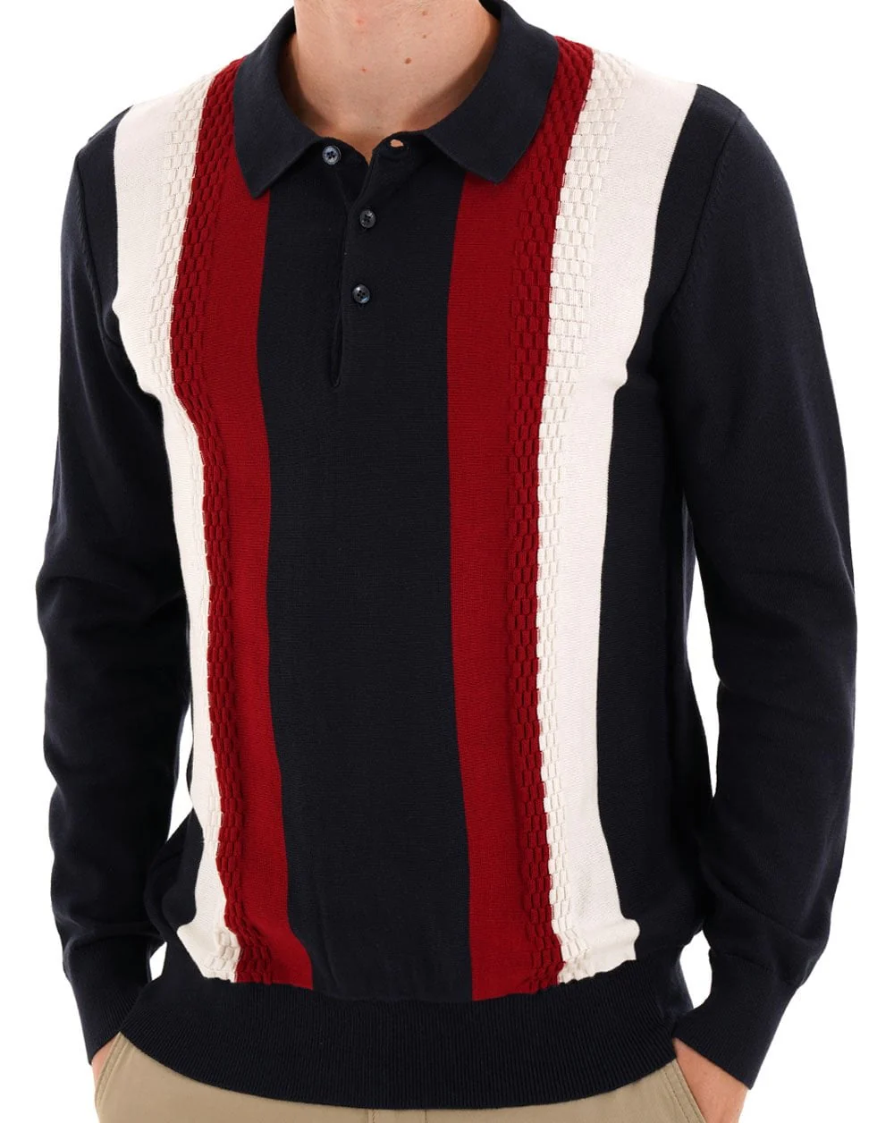 Ben Sherman Vertical Stripe LS Knit Polo Dark Navy - Image 3