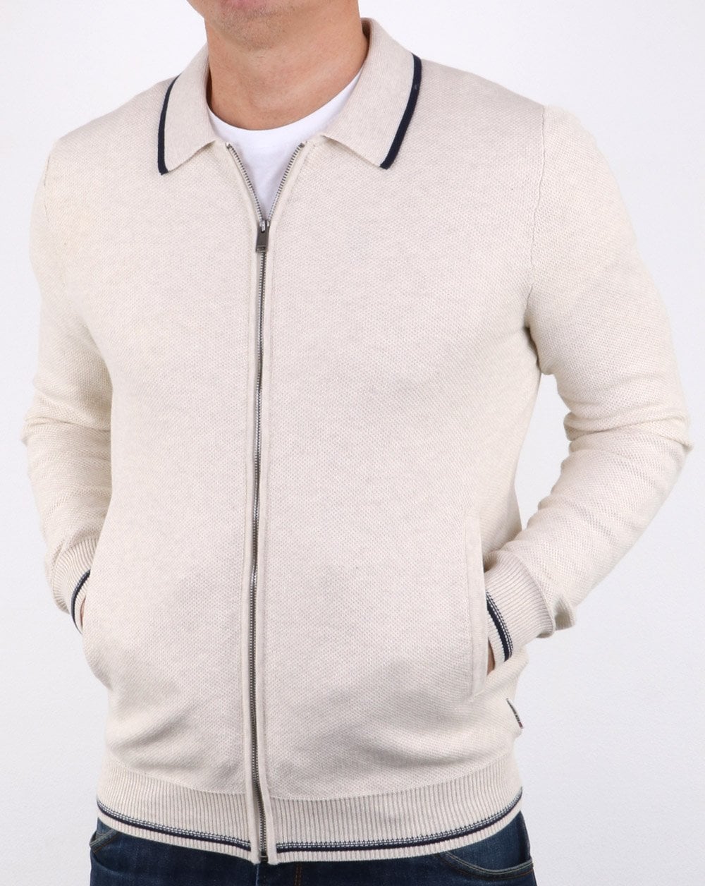 Ben Sherman Zip Through Honey Comb Knit Off White - Image 2