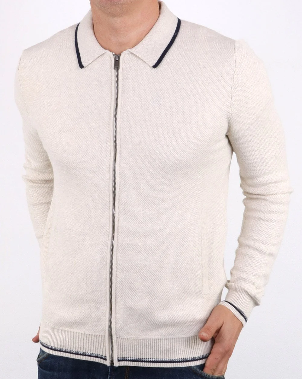 Ben Sherman Zip Through Honey Comb Knit Off White - Image 3