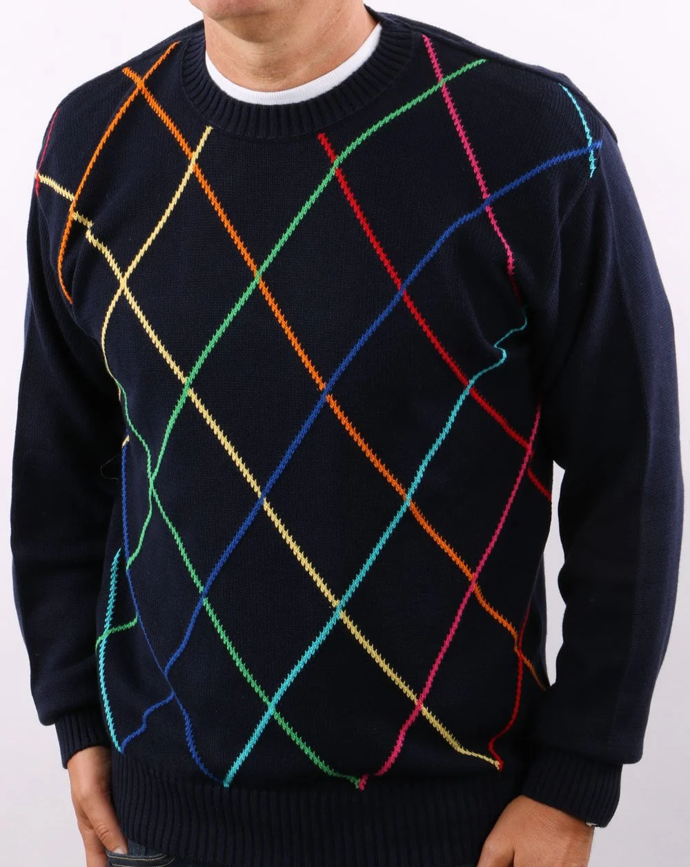 Benetton Classic Crew Neck Navy Multi Colour Knit