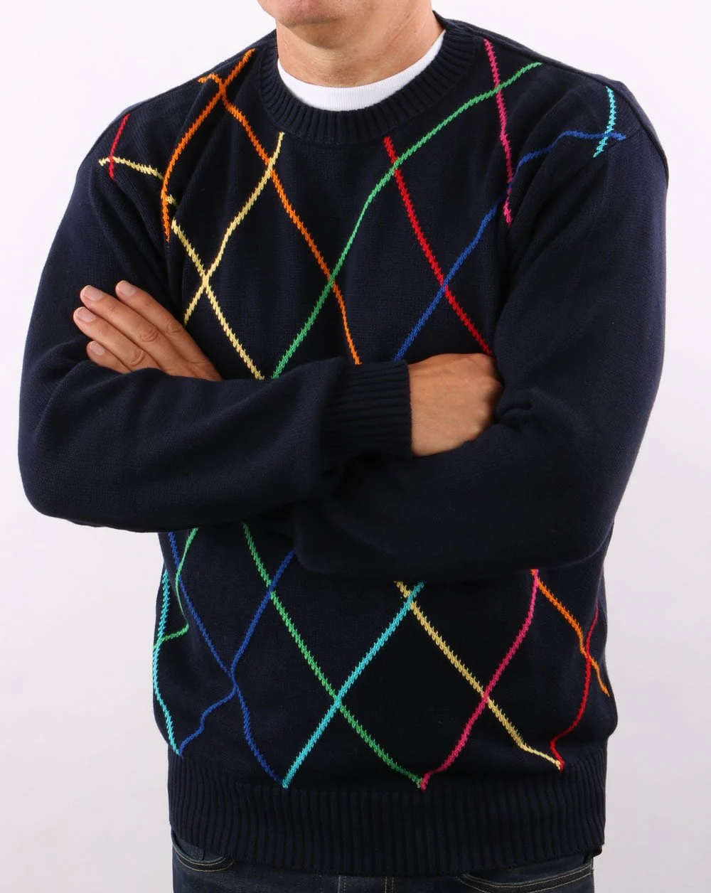 Benetton Classic Crew Neck Navy Multi Colour Knit - Image 2