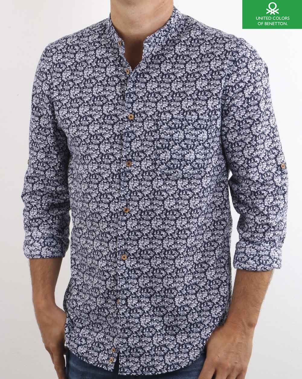 Benetton Grandad Collar Floral Shirt Navy