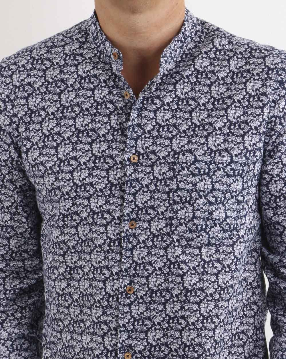 Benetton Grandad Collar Floral Shirt Navy - Image 4