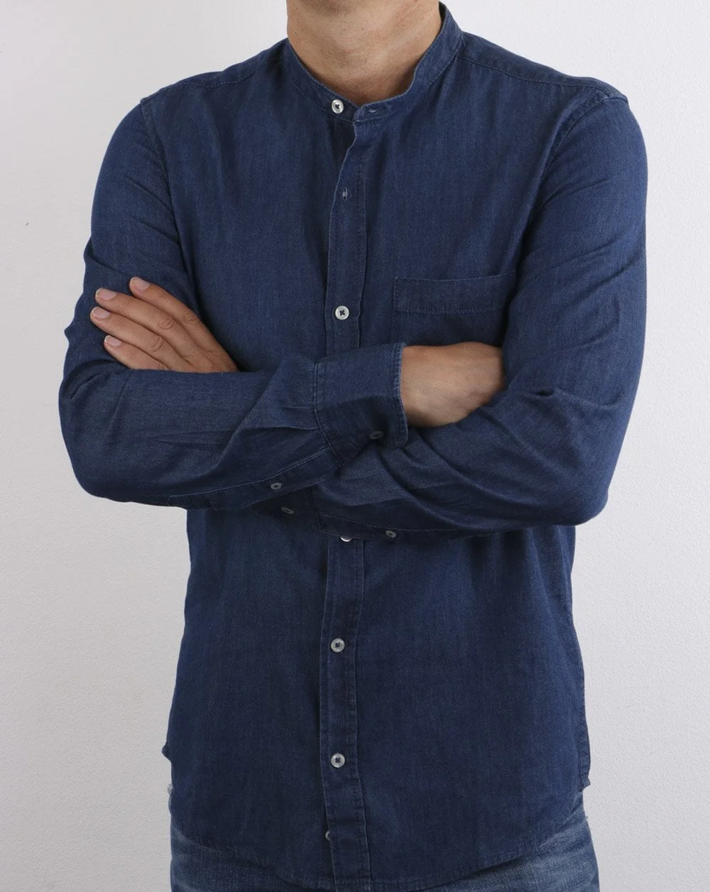 Benetton Grandad Collar Shirt Denim - Image 2