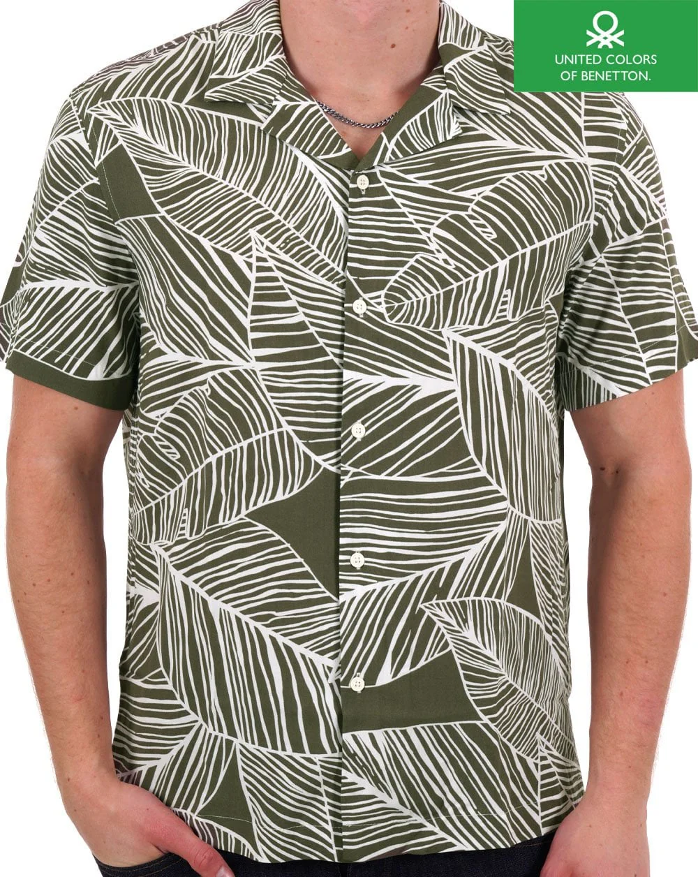 Benetton Leaf Print SS Shirt Olive/White