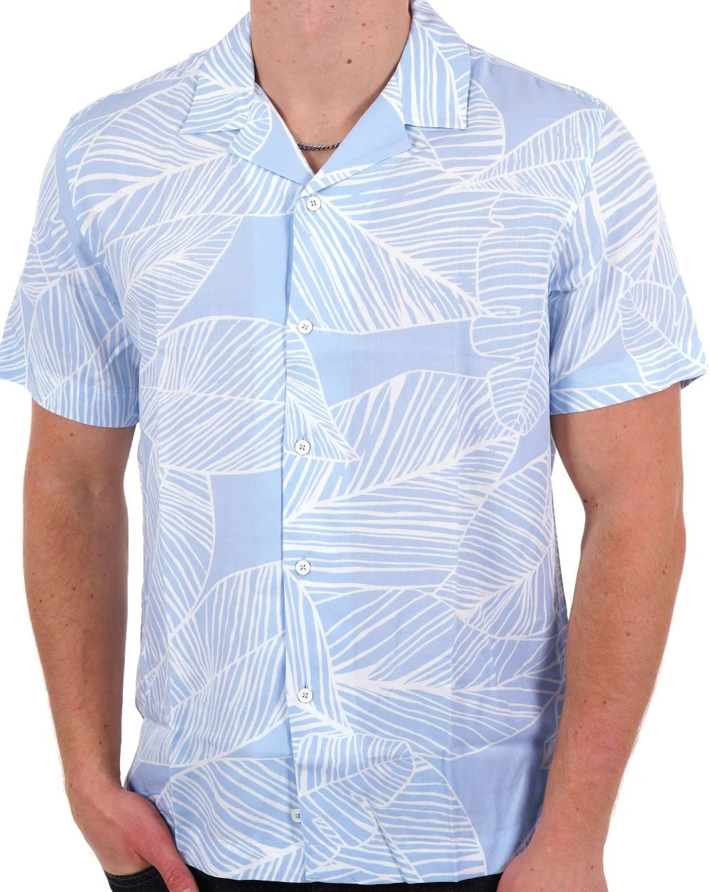 Benetton Leaf Print SS Shirt Sky/White - Image 2