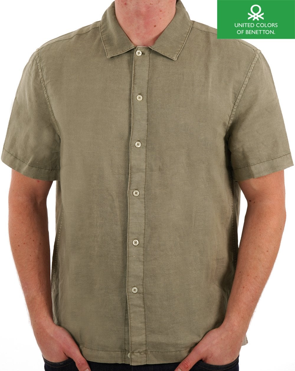 Benetton Linen Blend Short Sleeve Shirt Khaki - Image 2