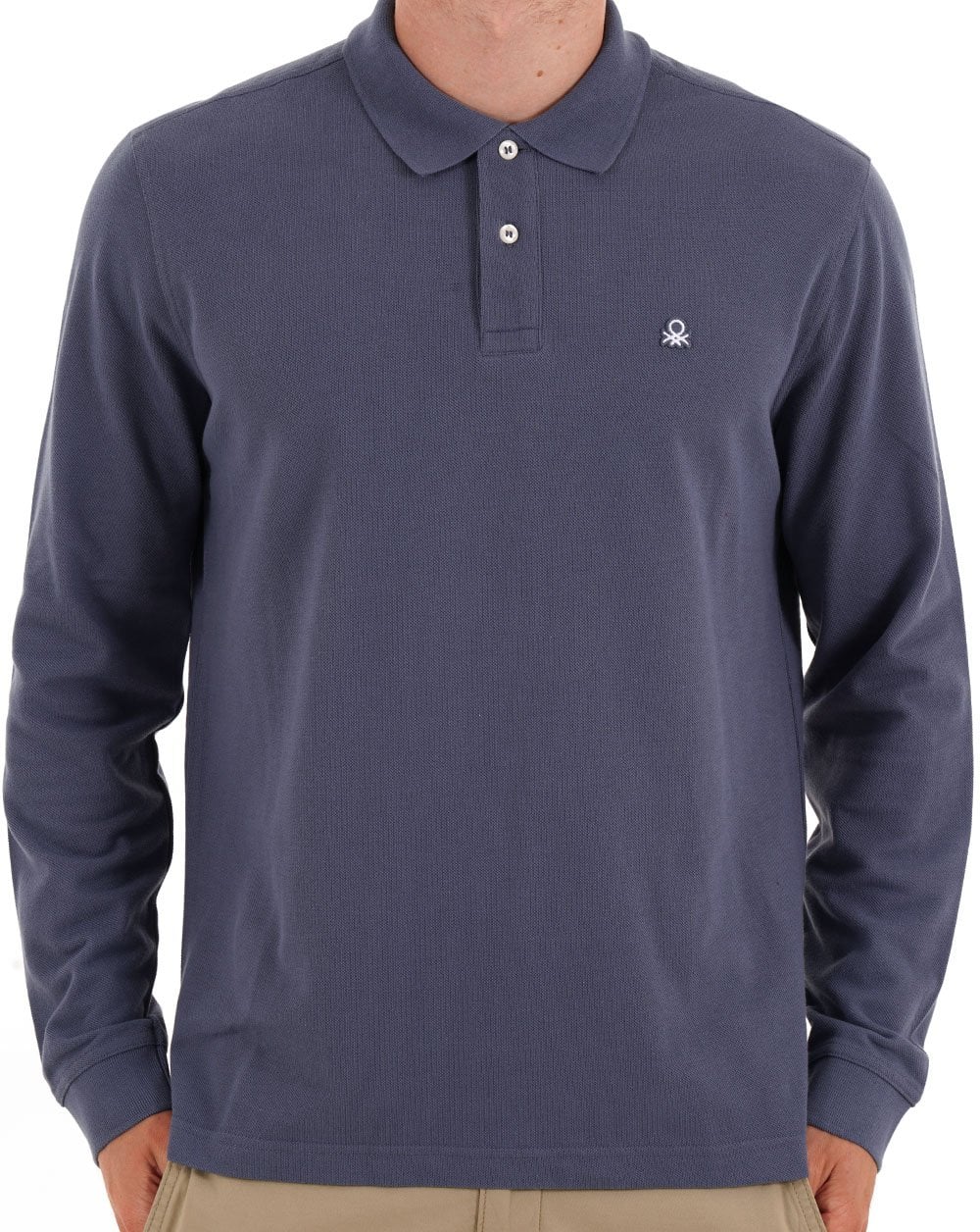 Benetton Long Sleeve Polo Shirt Washed Navy - Image 3
