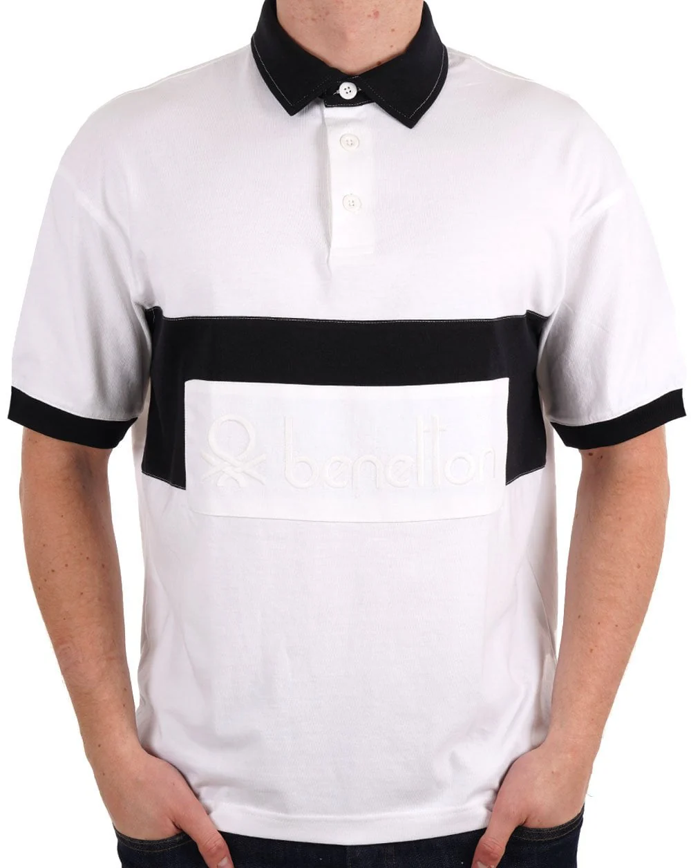 Benetton Patch Rugby SS Polo Shirt White/Navy - Image 2