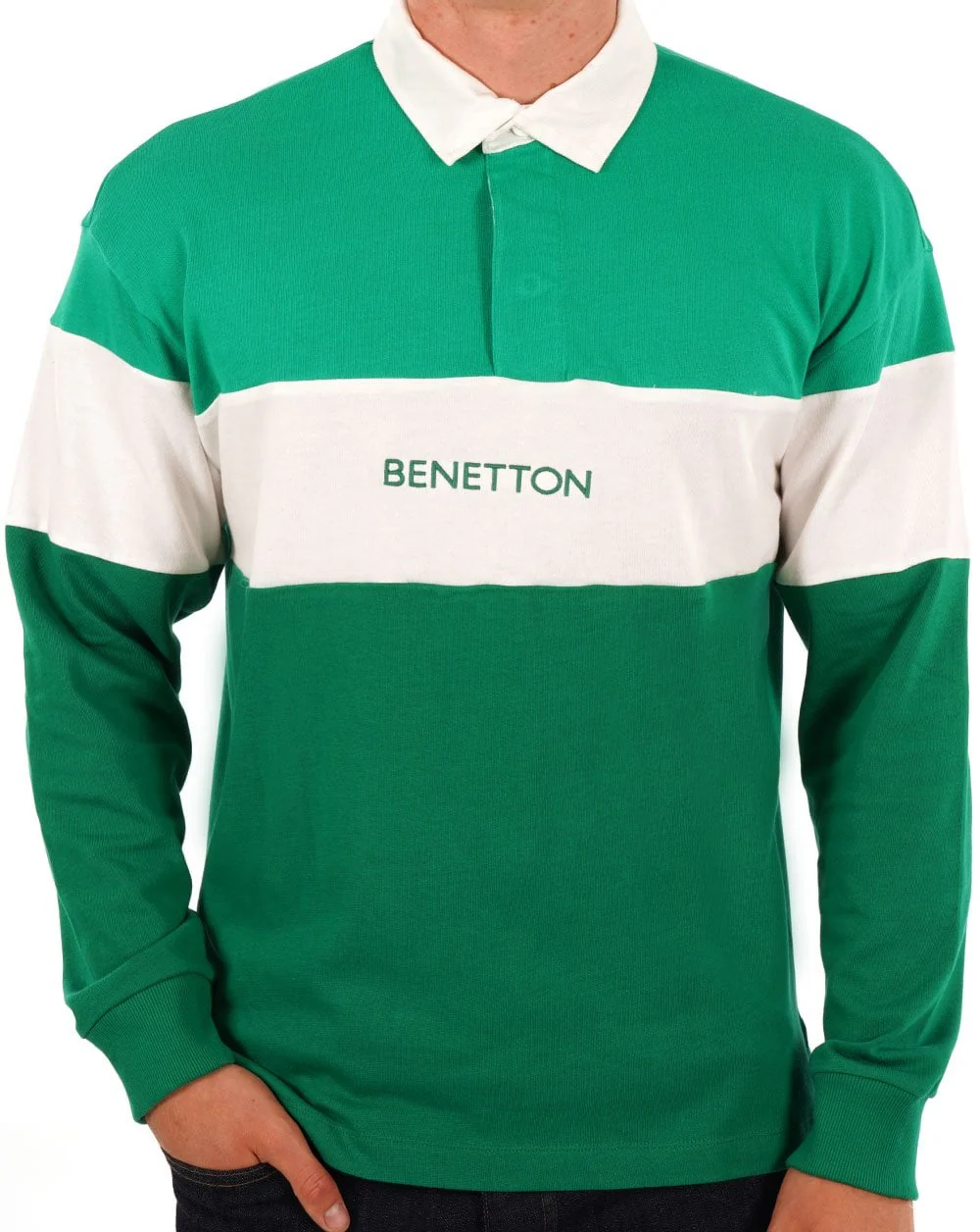 Benetton Rugby Style Polo Shirt Green/White - Image 2