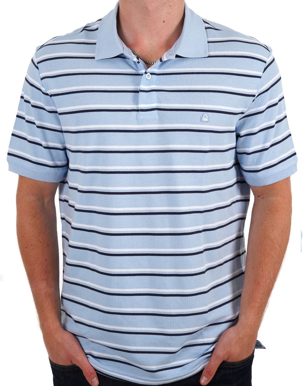 Benetton Striped Polo Shirt Sky/Navy - Image 3
