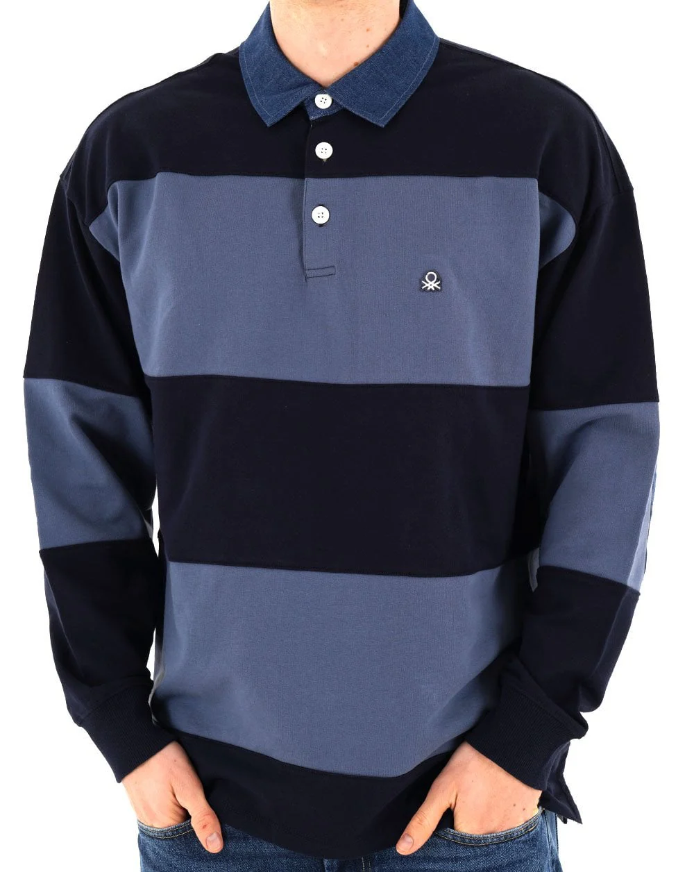 Benetton Striped Rugby Polo Top Blue