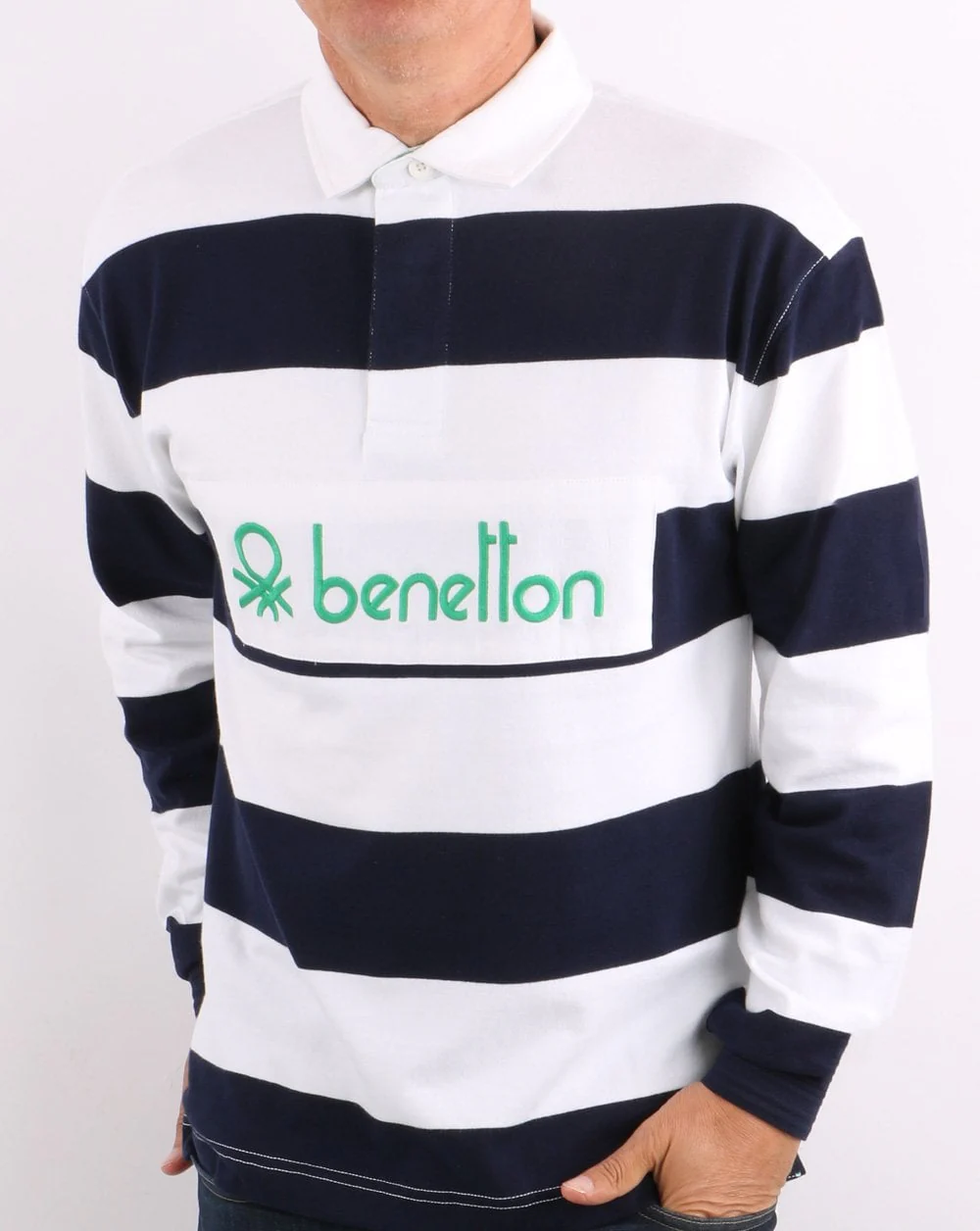 Benetton Striped Rugby Shirt Navy/White - Image 2